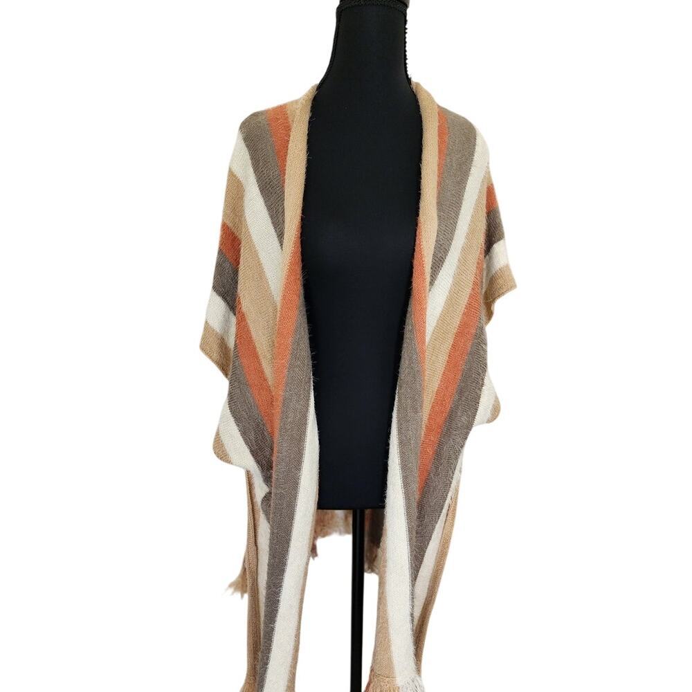 KORI America Womens S/M Striped Eyelash Fringe Boho Kimono Cardigan Sweater - Picture 1 of 6